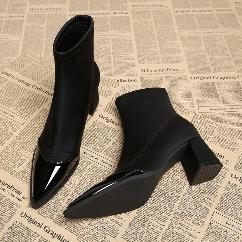 Fashion Women Chunky Mid Heels Ankle Boots Women 2024 New Pointed Toe Trend Winter Designer Shoes Goth Walking Snow Chelsea Boots Women