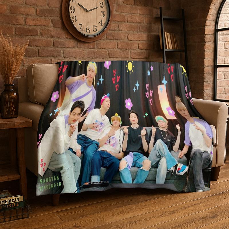 Kpop B-BTS Fashion Group Star Flannel Blanket Soft Warm Throw Blanket for Bedroom Living Room Bed Travel Camping Picnic Gift