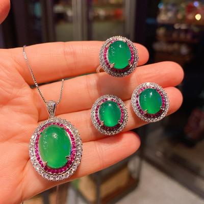 Smycken Isfrö Fluorescerande Denier Kalcedonring Ring Damers Temperament Jade Hänge Födelsedagspresent Set