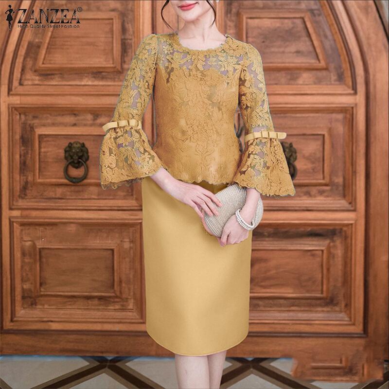 ZANZEA Women Casual Lace Patchwork 3/4 Sleeve Elegant Sheath Dress