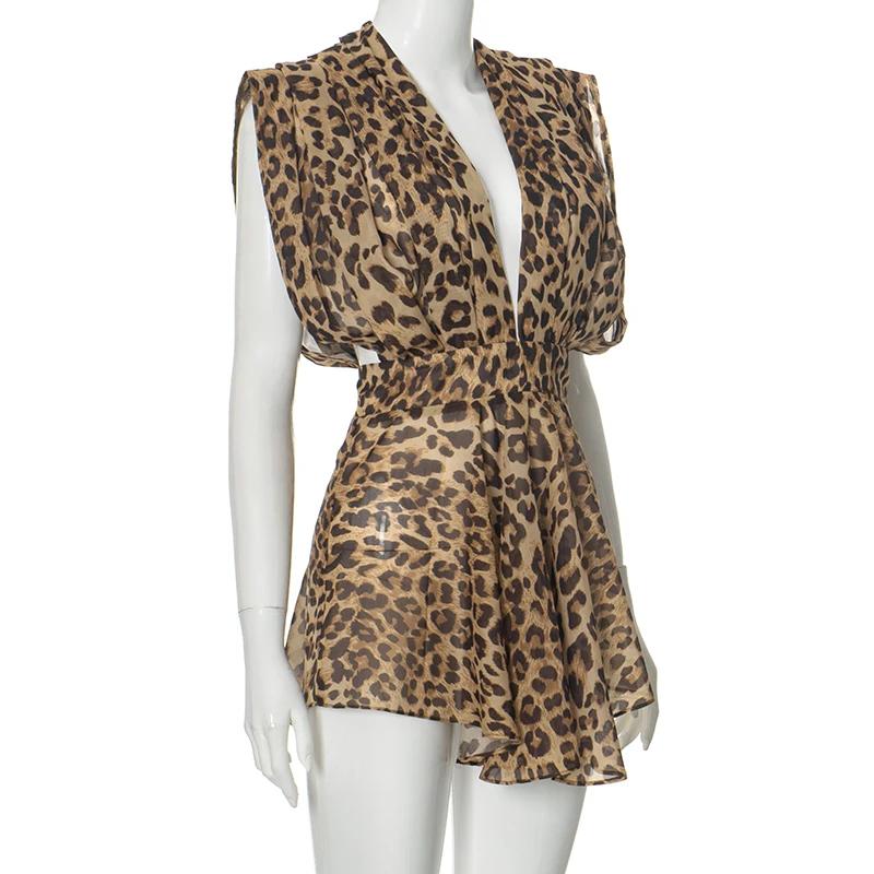 Leopard Print Silk Dress Women Sexy Deep -Neck Backless Beach Dresses Summer Sleeveless Chiffon Holiday Party Dress