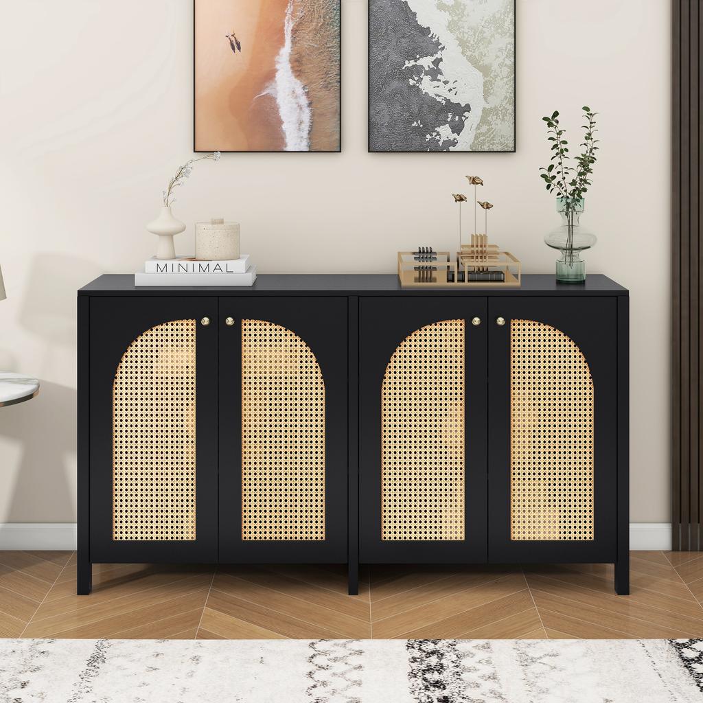 Modern Sideboard In Minimalist Style 4-rattan Door, Metal Handle Simple Buffet Cabinet for Dining Room, Living Room, Kitchen (black)
