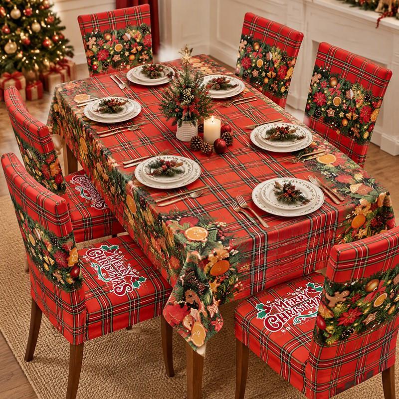 Christmas Chair Cover Tablecloth Set Stretch Santa Print Holiday Dinner Party Decor