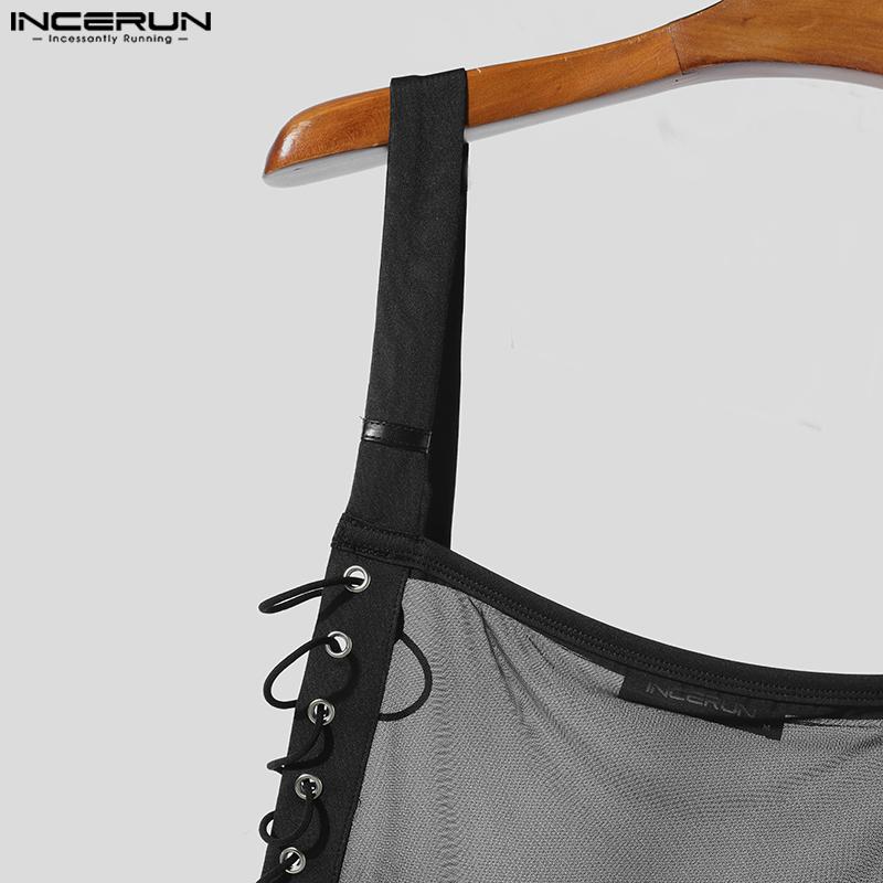 INCERUN Men Strap Sleeveless Mesh Sheer Patchwork Bandage Slim Cropped Tank Tops