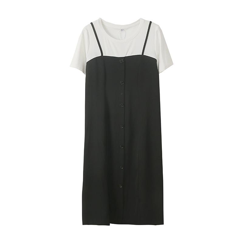 Large size women's clothing summer new temperament commuting fake two-piece women's crew neck meat-covering suspender dress 222095