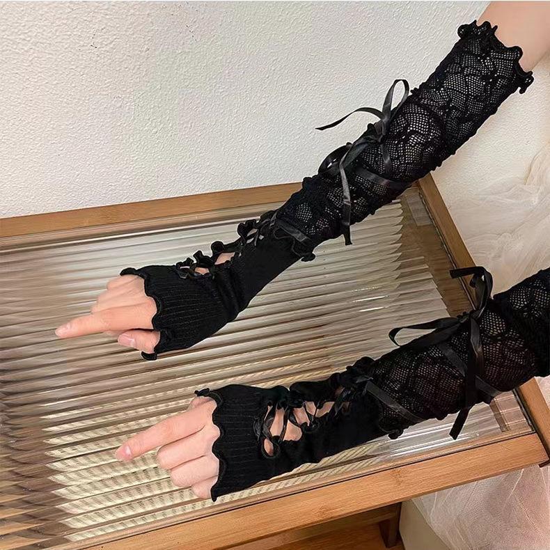 Y2K Ballet-Style Women's White Lace Fingerless Gloves - Thin, Sun Protection, Lace-Up Design
