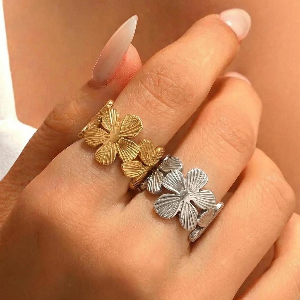 Adjustable Floral Gold-Plated Stainless Steel Ring - Fade Resistant, European & American Resort Style for Women