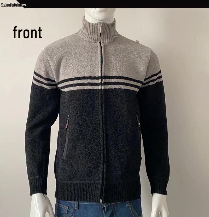 Men's Color Block Stand Collar Knitted Cardigan - Autumn/Winter Plus Velvet Long-Sleeve Sweater