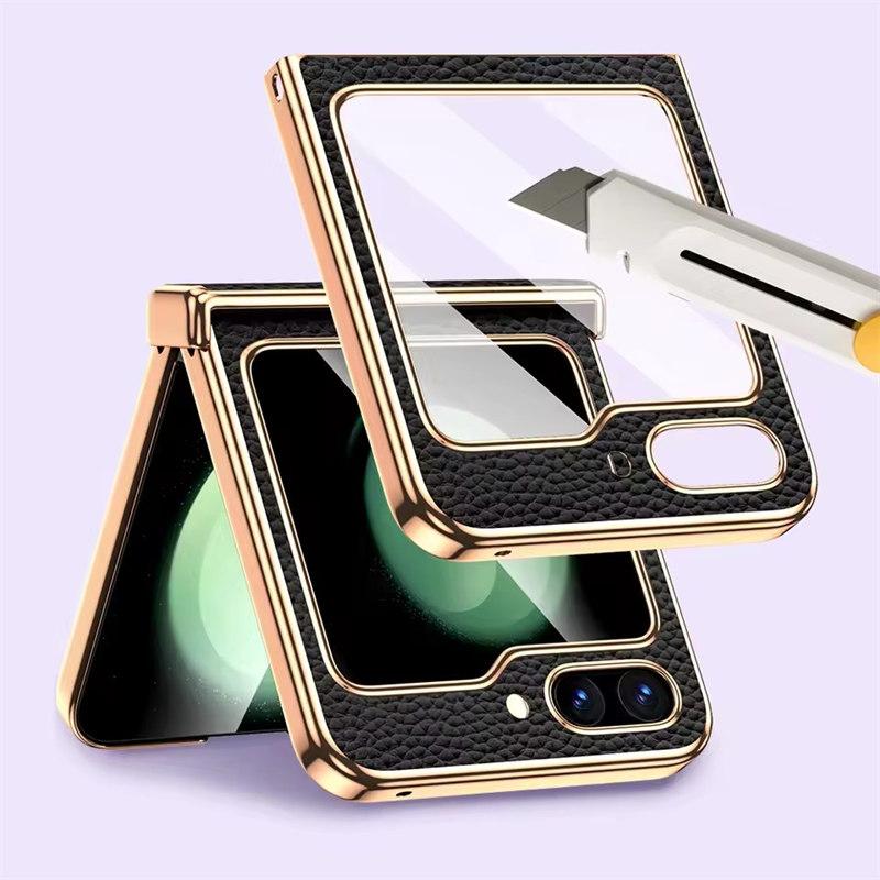 Telefonveske av okseskinn til Samsung Galaxy Z Flip6 Flip5 Flip 6 5 ZFlip5 Luksus hengselbeskyttelsesdeksel med herdet glass
