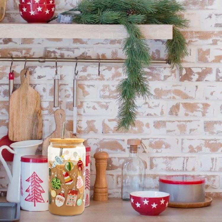 Glass Coffee Cups Drinking Glasses Reusable Travel Coffee Mug, Iced Coffee Cup with Color Changing,Christmas Decorations