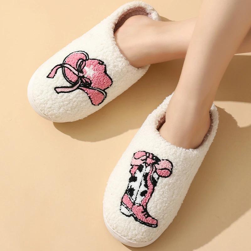 Fashion Cute Print Home Fluffy Slippers Women Closed Toe Warm Winter Cotton Slippers Woman Comfortable Soft Sole Plush Indoor Slides