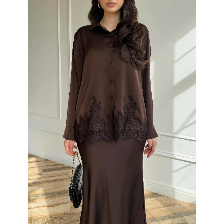 Women's 2026 Spring New Dress Set: Elegant Lace Patchwork Tie-Up Long-Sleeve Shirt and Skirt Two-Piece Set