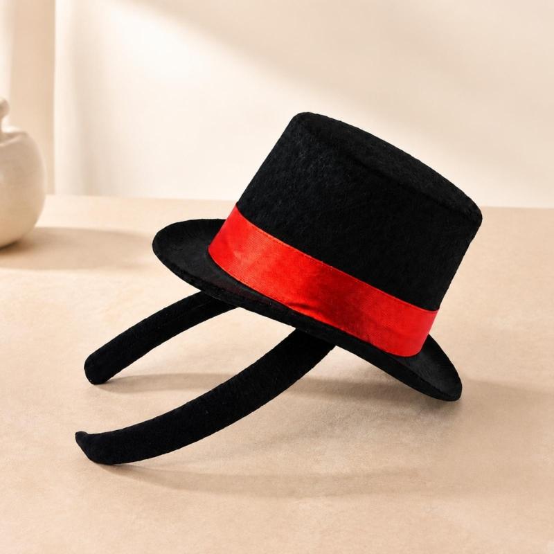 Fascia Mini Cappello con Bordino in Nastro e Corpo Cappello Nero in Tessuto Non Tessuto per Costumi da Festa e Look per Servizi Fotografici a Tema