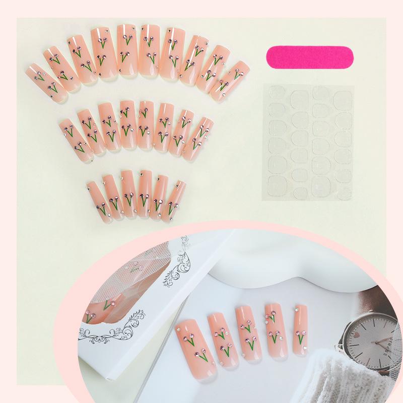 Cross-Border Rhinestone Cherry Nude Wearable Nail Tips - Hand-Painted, Solid Color Nail Art Patches