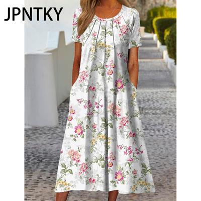 JPNTKY Women's Fashion Summer Spring Floral Print Short Sleeve O-Neck Casual Dresses