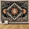 Vintage Mystical Tapestry, Golden Sun With Floral Border And Butterflies On Black Starry Background Wall Art For Aesthetic Room