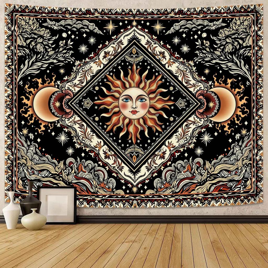 Vintage Mystical Tapestry, Golden Sun With Floral Border And Butterflies On Black Starry Background Wall Art For Aesthetic Room