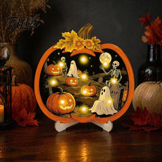 Rustic Wooden Pendant Halloween Pumpkin Sign, LED Light Up Ghost Hanging Gothic Home Accessories Wall Sign for Indoor Outdoor Holiday Party Decor Art