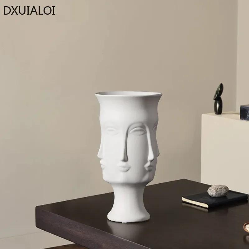 DXUIALOI Creative Human Face Art Vase Decoration Ceramic Crafts White Color Glaze Home Living Room Flower Arrangement Vase Decor