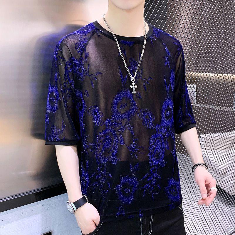 

Мужская одежда с круглым вырезом, красивая, прямая, летние тонкие пуловеры, удобные, свободные, с принтом, модные, повседневные футболки L синий
