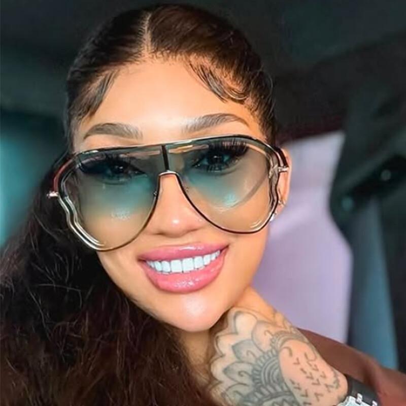 Attractive Glasses Women's Champagne Oversized Pilot Sunglasses Luxury Brand Special-Shaped Trendy Gradient Green Shades Men Hollow One Piece Sun Glasses