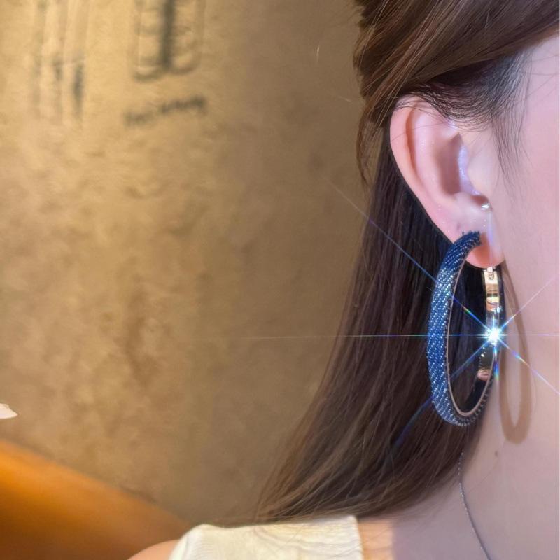 Vintage Design Spice Girl Denim Blue Big Earrings S111 Silver Needle Loop Earrings Light Luxury High-end Antique Earrings