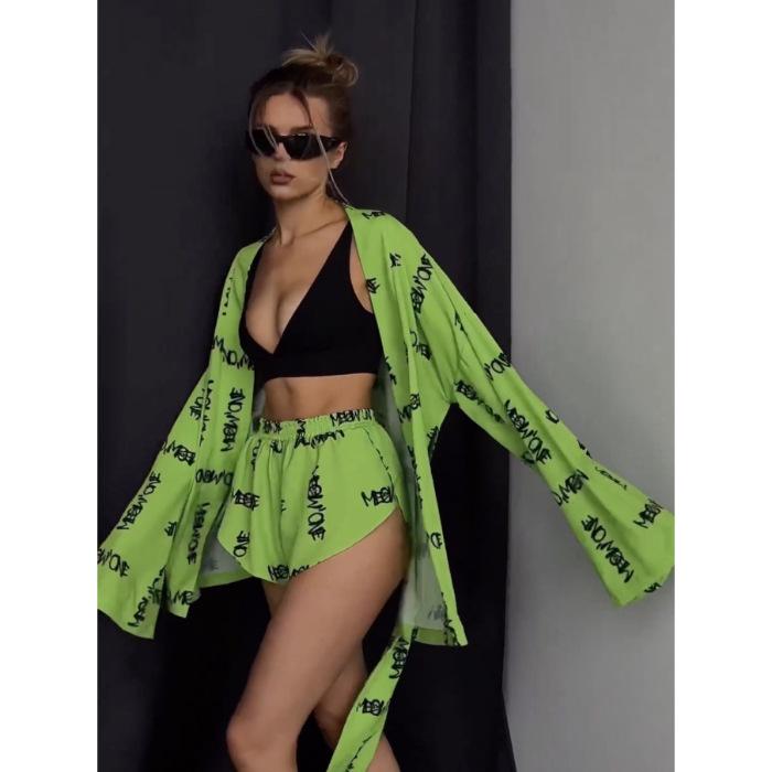 

Women s Summer Vacation Style Set: Loose Long-Sleeve Printed Cardigan & Elastic Waist Shorts L