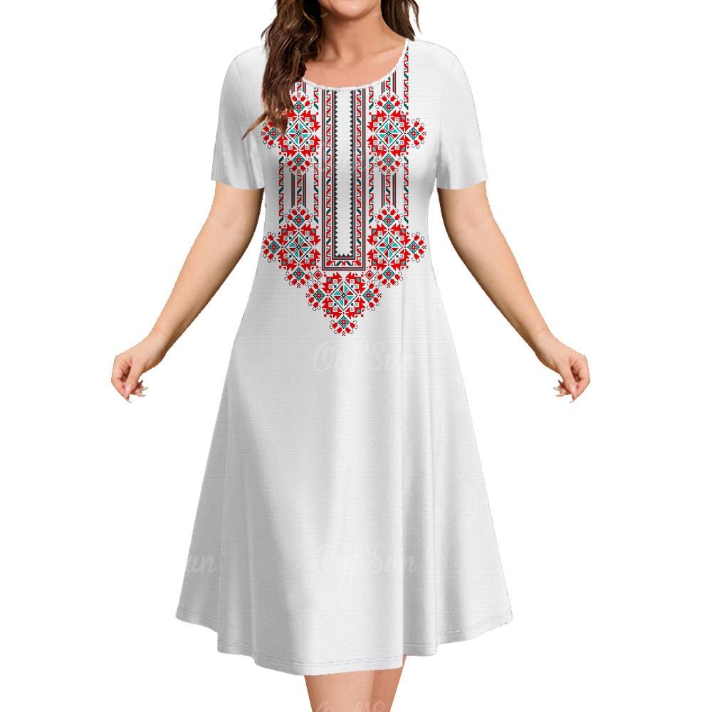 New Design Women's Dresses Ethnic Print Elegant And Beautiful Midi Dresses Plus Size Female Short Sleeve Dress Summer