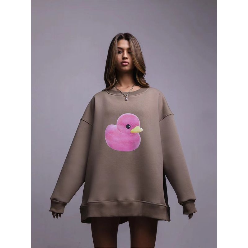 

Western Style Small Yellow Duck Print Top round Neck Over fit hoodie round Neck Neck Loose Printed Top Dark brown S