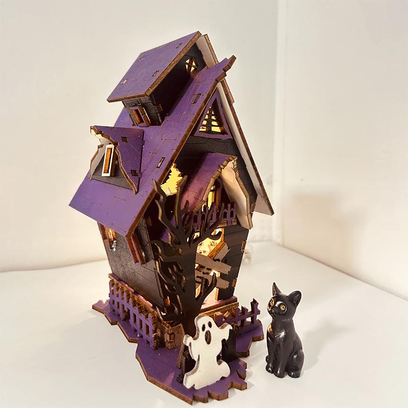 1 Set Halloween Party Centerpiece Interactive Decoration 3D Wooden Halloween Puzzle Diy Haunted House Kit With Light-Up Ghosts