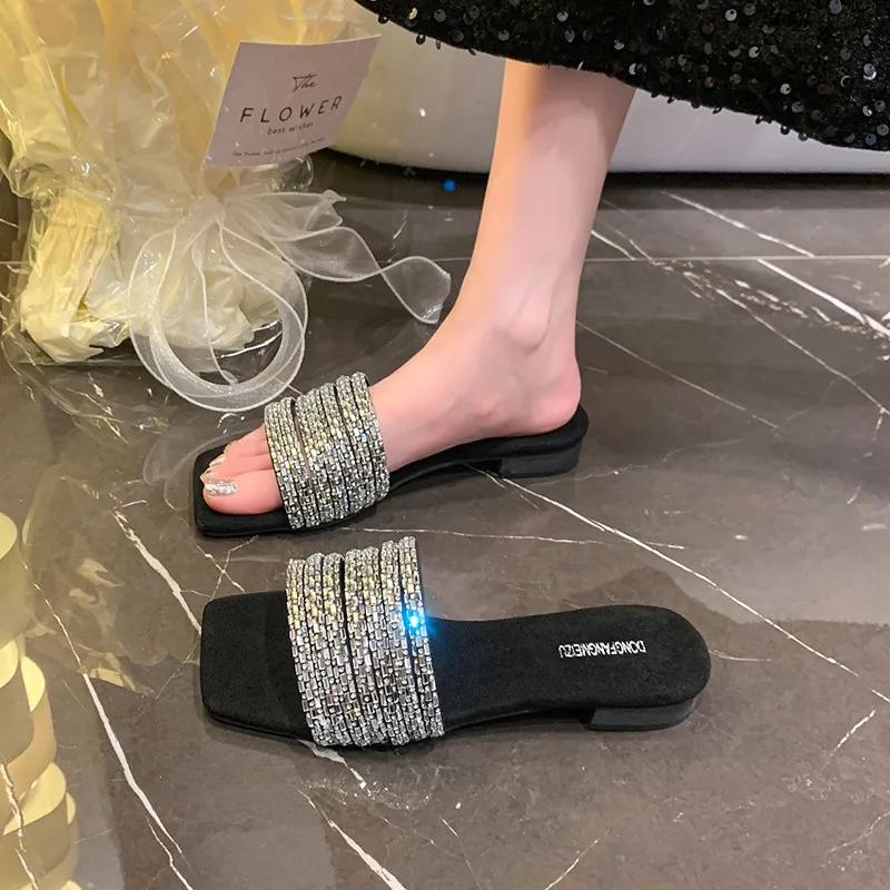 Fashion 2025 Summer Women Square Toe Crystal Slippers Fashion Dress Flats Shoes Ladies Concise Outdoor Beach Slides