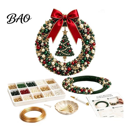 Stress Free DIY Crafting Kit Christmas Pearl Wreath Kit, Handmade Beaded Holiday Door Decor, Decoration Wall Hanging Elegant Craft Project for
