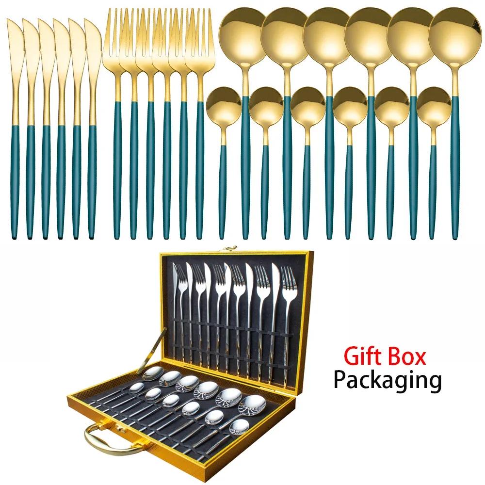 Tableware Set Gift Box Fabulous Cutlery Knife Fork Dessert Spoon Coffee Spoon 24PCS Gold Flatware Dinnerware Sets