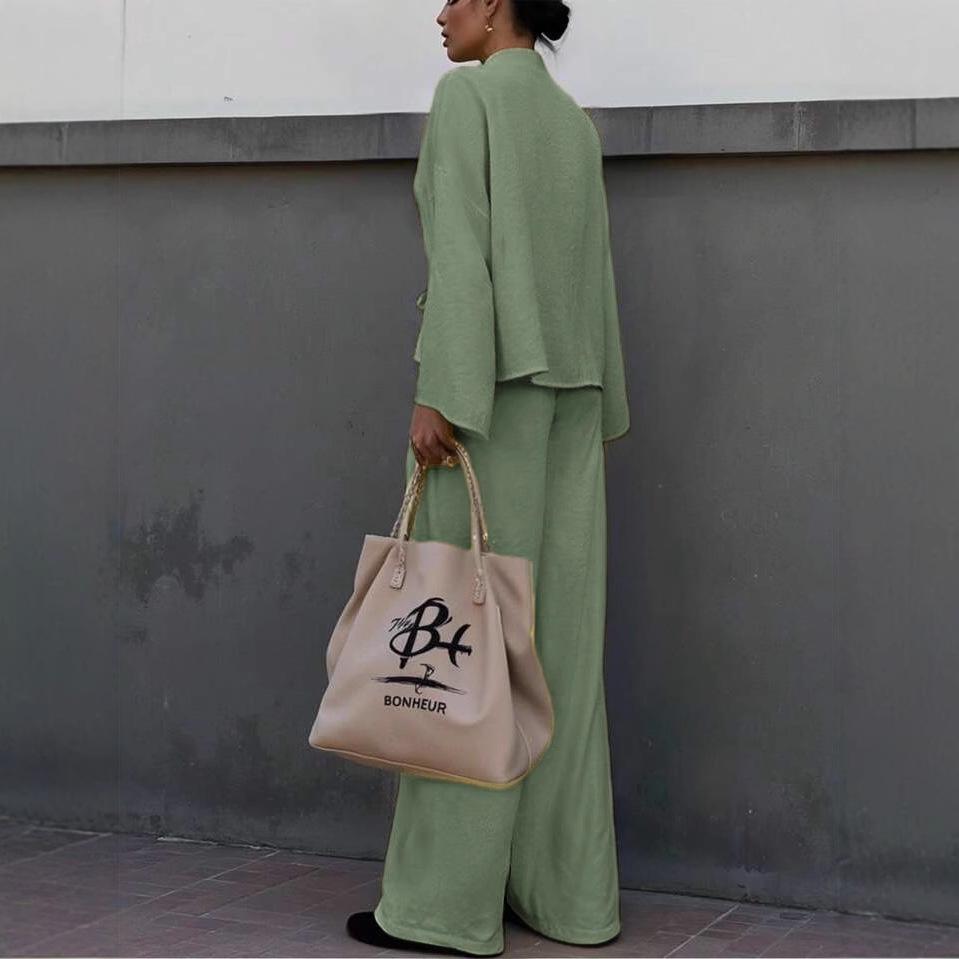 2025 Spring/Autumn European & American Women's High-End Lace-Up Shirt & Long Pants Casual Fashion Set