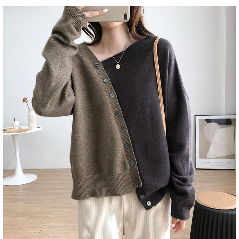 Autumn Winter Loose Casual Irregular Patchwork Buttons Sweater Women All-match Bottomed Knitting Pullover Top
