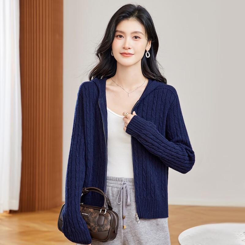 Women s 100% Wool Hooded Zipper Cardigan L