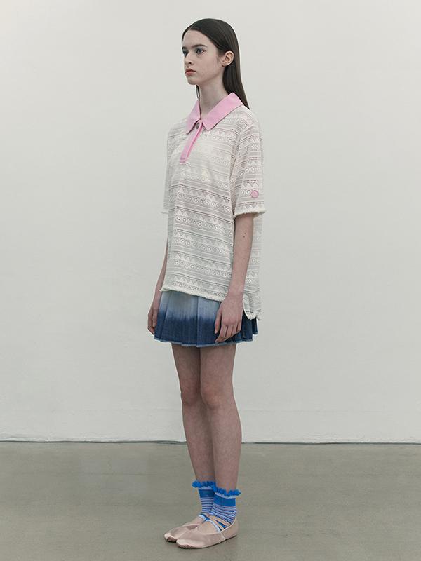 KIRSH Cut-Off Collar Point Lace Short Sleeve Knit [Ivory]