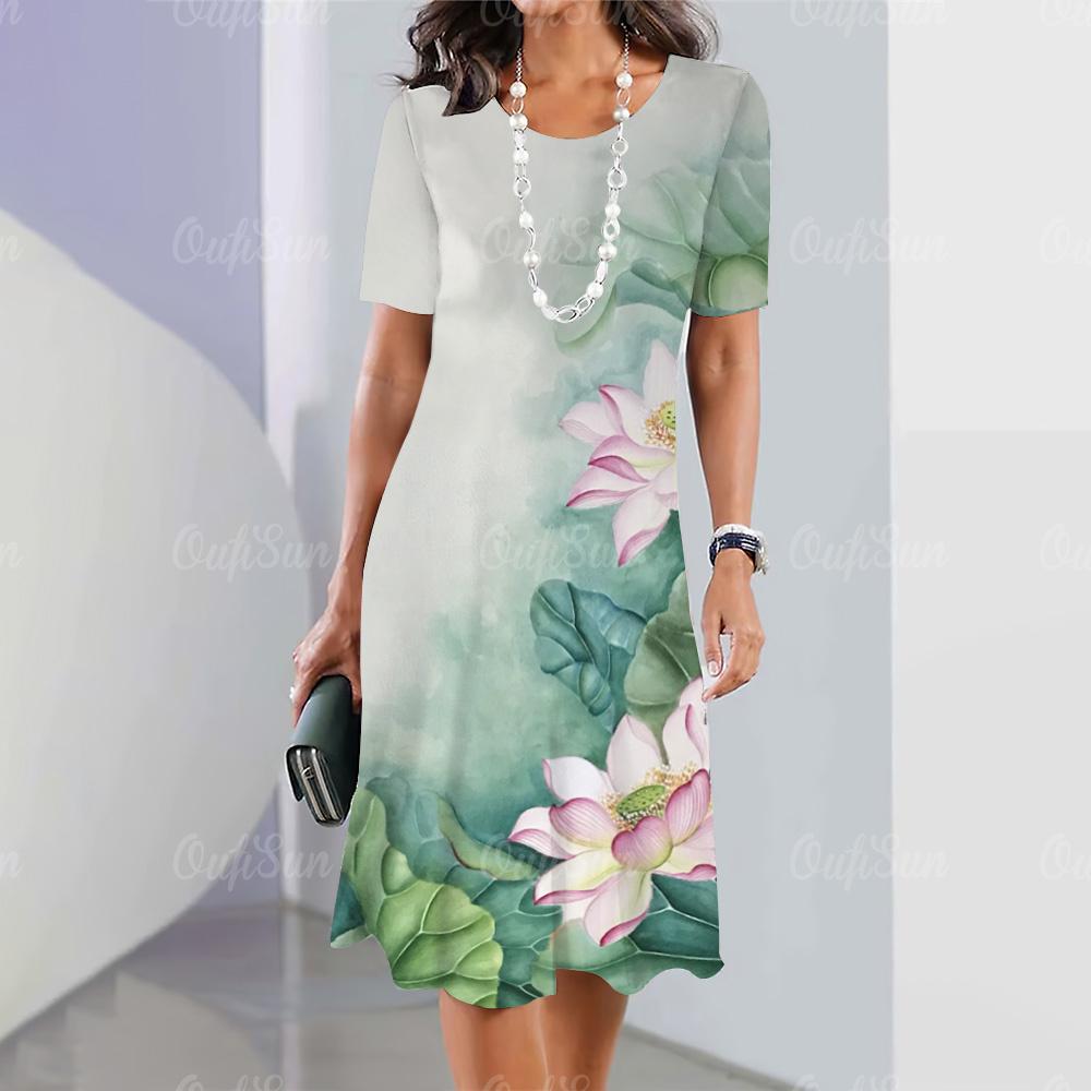 Ilusad naiste kleidid 3D lilledega trükitud naisterõivad vabaaja A-lõikeline seelik ülisuured O-kaelusega topid suvine elegantne naiste kleit
