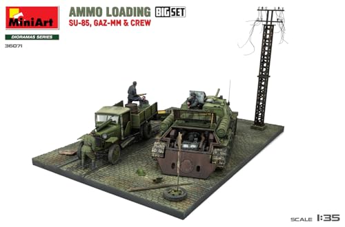 Miniart 1/35 Scale Soviet Ammunition Loading Big Set: SU-85 Self-Propelled Gun, GAZ-MM Medium Truck, and 6 Crew Members, Plastic Model Kit MA36071