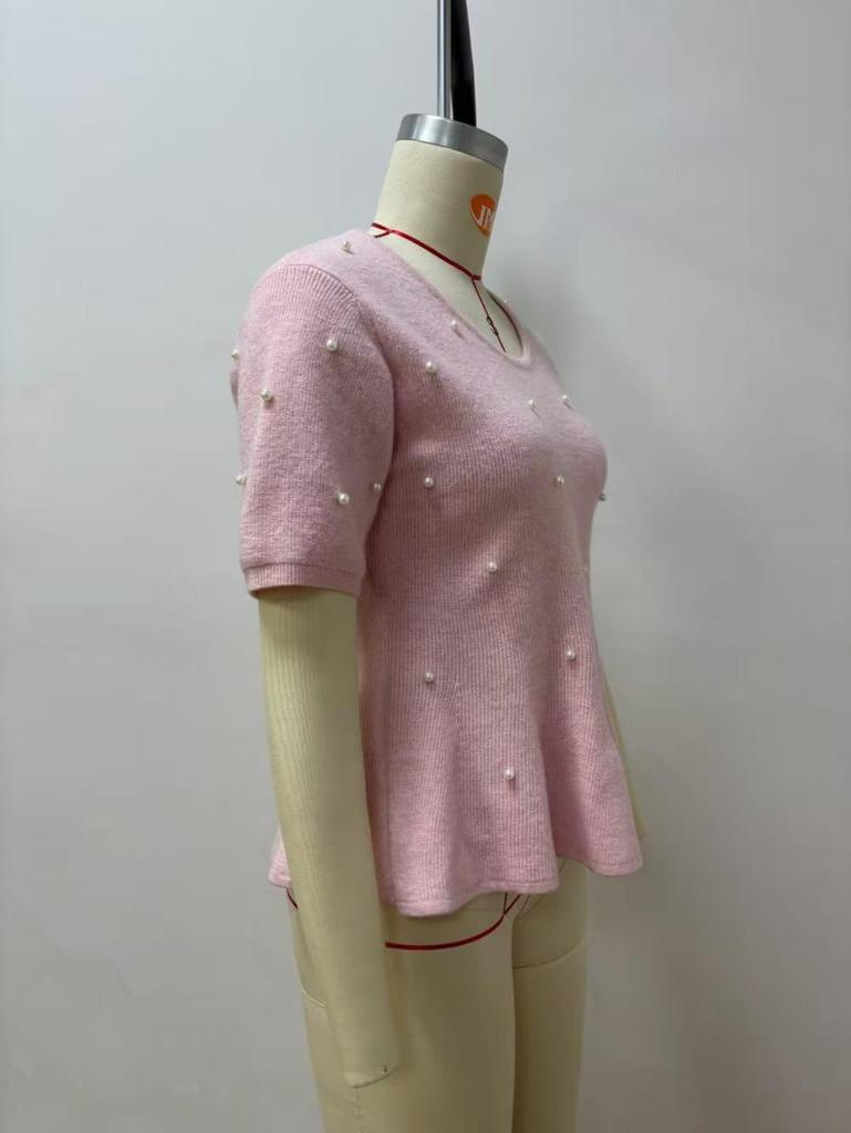 European French Style Pearl Embellished Knit Top - Short-Sleeved, Soft, Waist-Cinching, Ruffled, Plush Women's Top