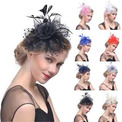 Women Flower Mesh Ribbons Feathers Headband Cocktail Tea Party Hat Headwear