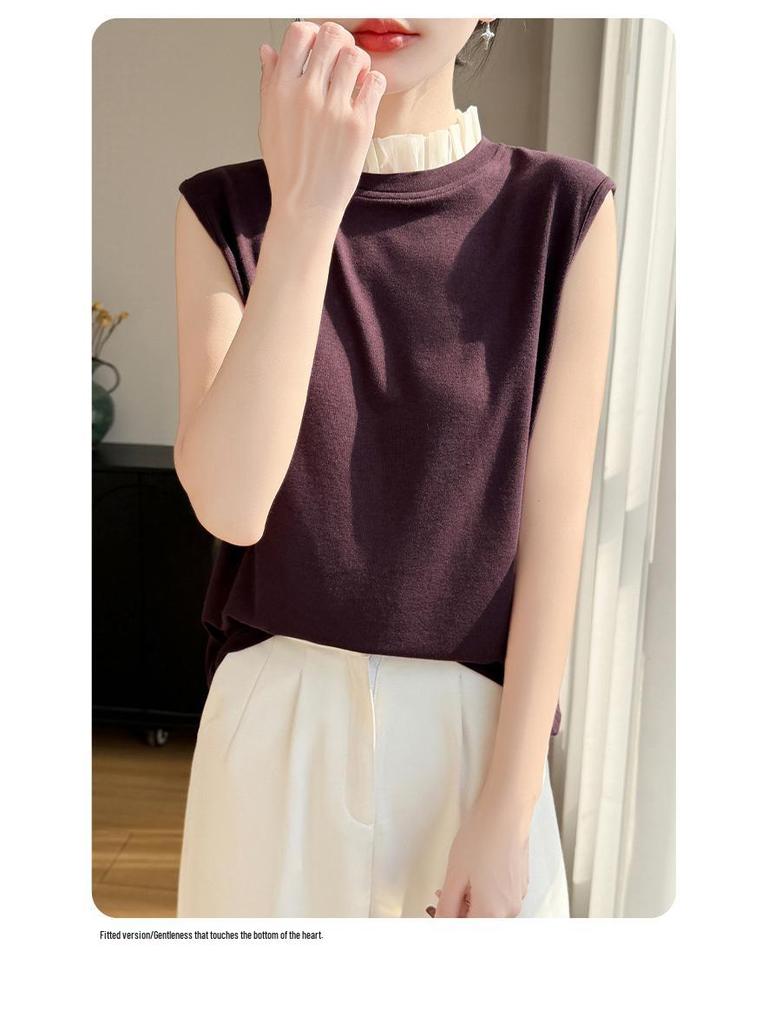 2026 Spring/Summer Women's Color Block Tencel Wool Organza Sleeveless Knit Vest