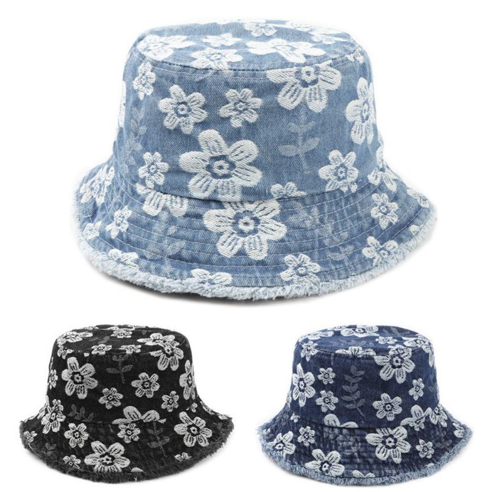 Washed Denim Fisherman Hat Frayed Brim Sunscreen Sun Cap Retro Cowboy Bucket Hats Travel