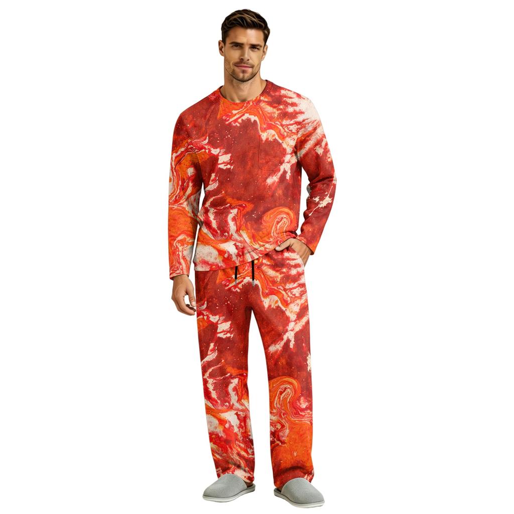 Men's Pajama Set Long Sleeve Top and Long Pants with Button Crotch and Elastic Drawstring Waist for Home Loungewear
