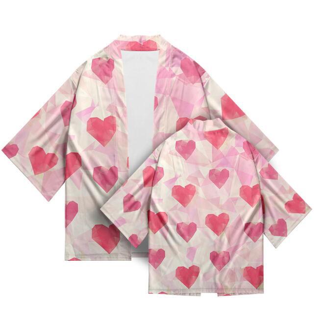 

Летние этнические японские топы с 3D-принтом в виде сердца для взрослых, кимоно унисекс