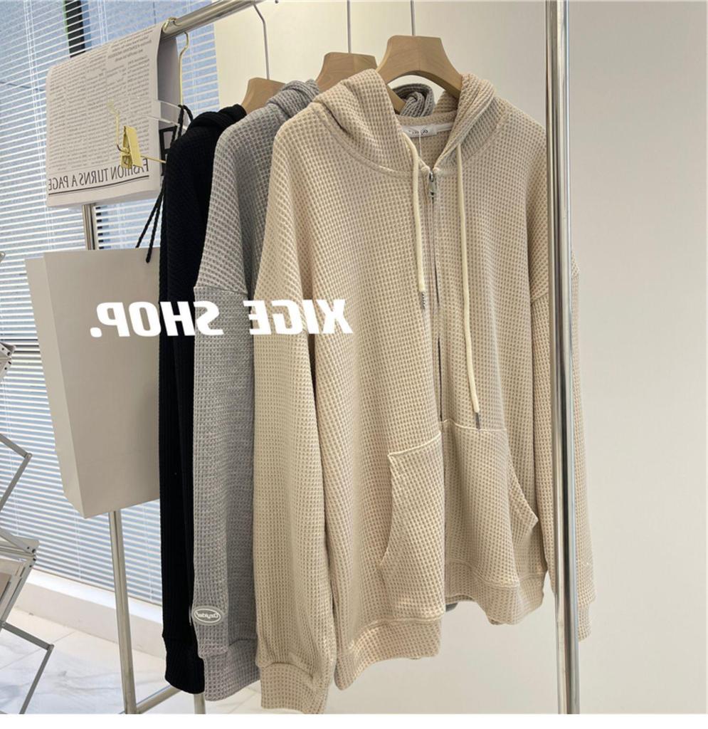 Women's Waffle Knit Hooded Zipper Cardigan - New Loose Slim Design for Autumn/Winter