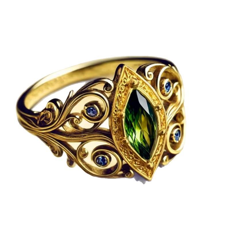Retro Light Luxury Style Hollow Carving Retro Pattern Inlaid Marquise Green Zirconia Ring
