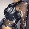 Dámské sexy topy ze síťoviny Harajuku s dlouhým rukávem průhledné tričko s potiskem Sun Moon Star Tričko Femininas Clubwear