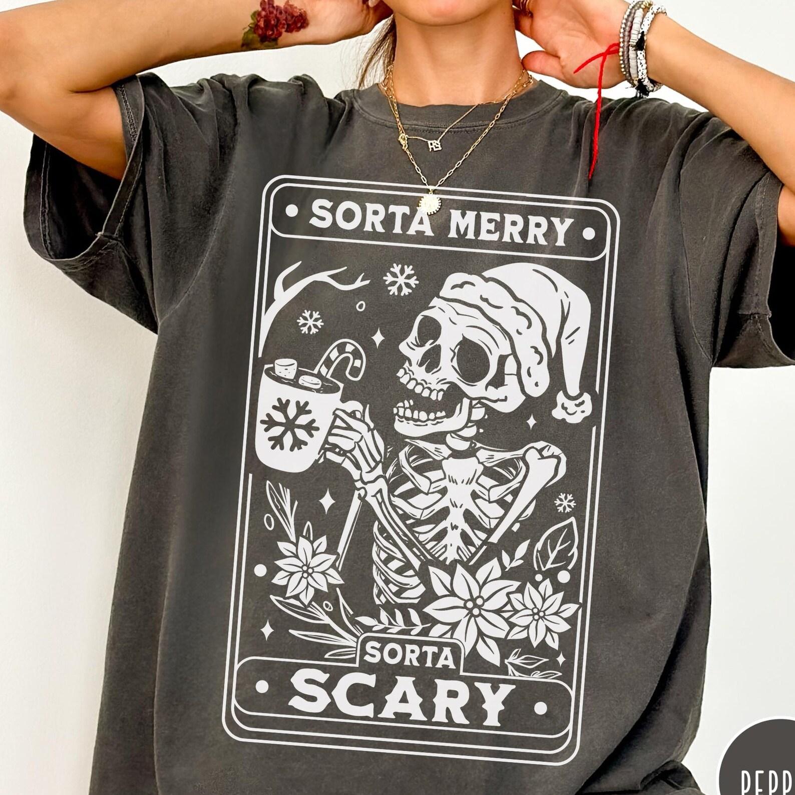 Spooky Christmas Comfort Colors® T-Shirt: Sorta Merry Sorta Scary Shirt, Funny Christmas Tarot Card Graphic Tee XL