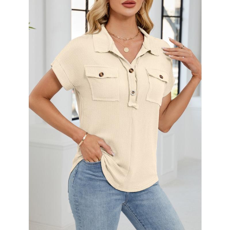 Summer New Women's Lapel Pocket Short-sleeved Solid Color T-shirt Casual Versatile Top